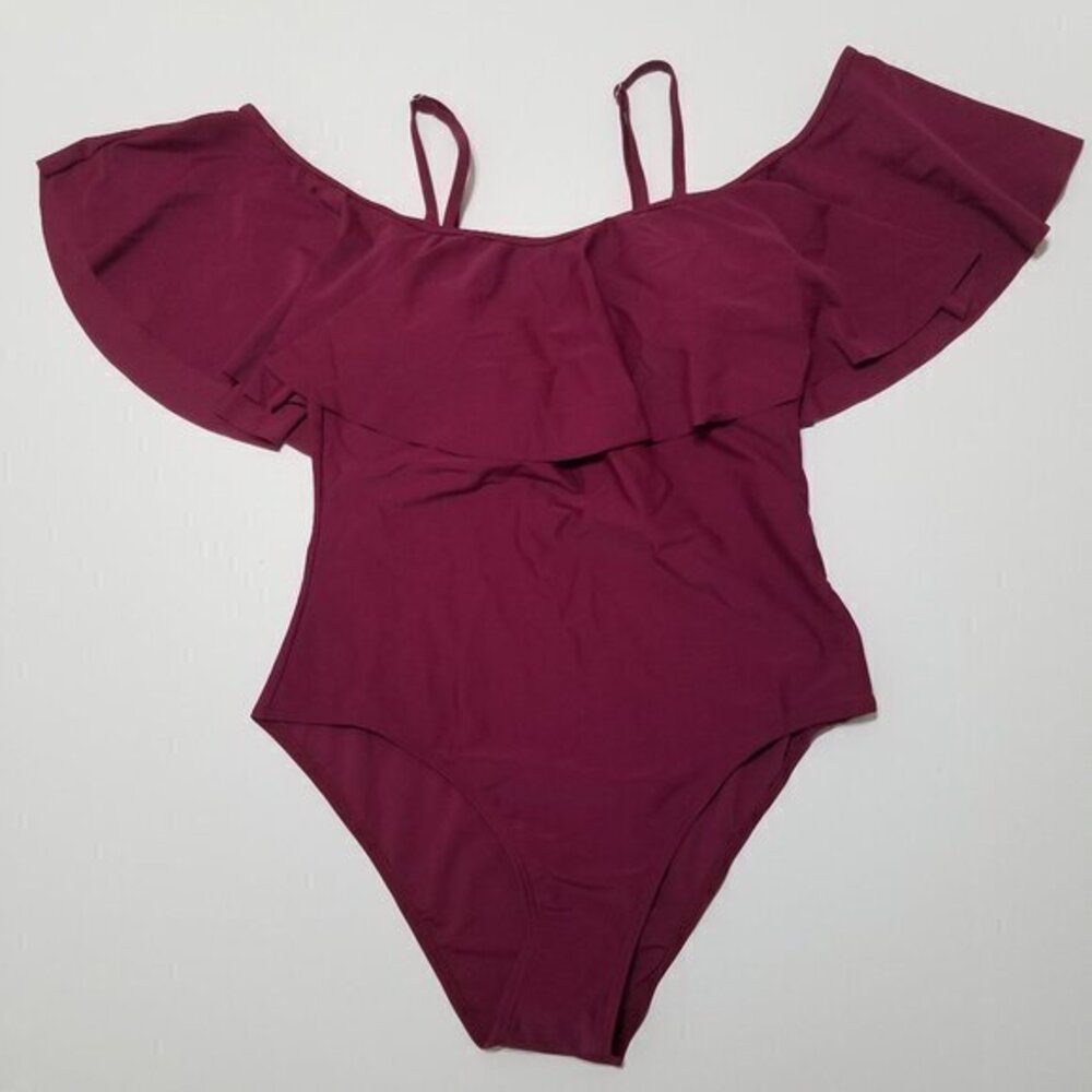 NWT Tempt Me Off The Shoulder One Piece Padded Swimsuit Ruffle Red Size L